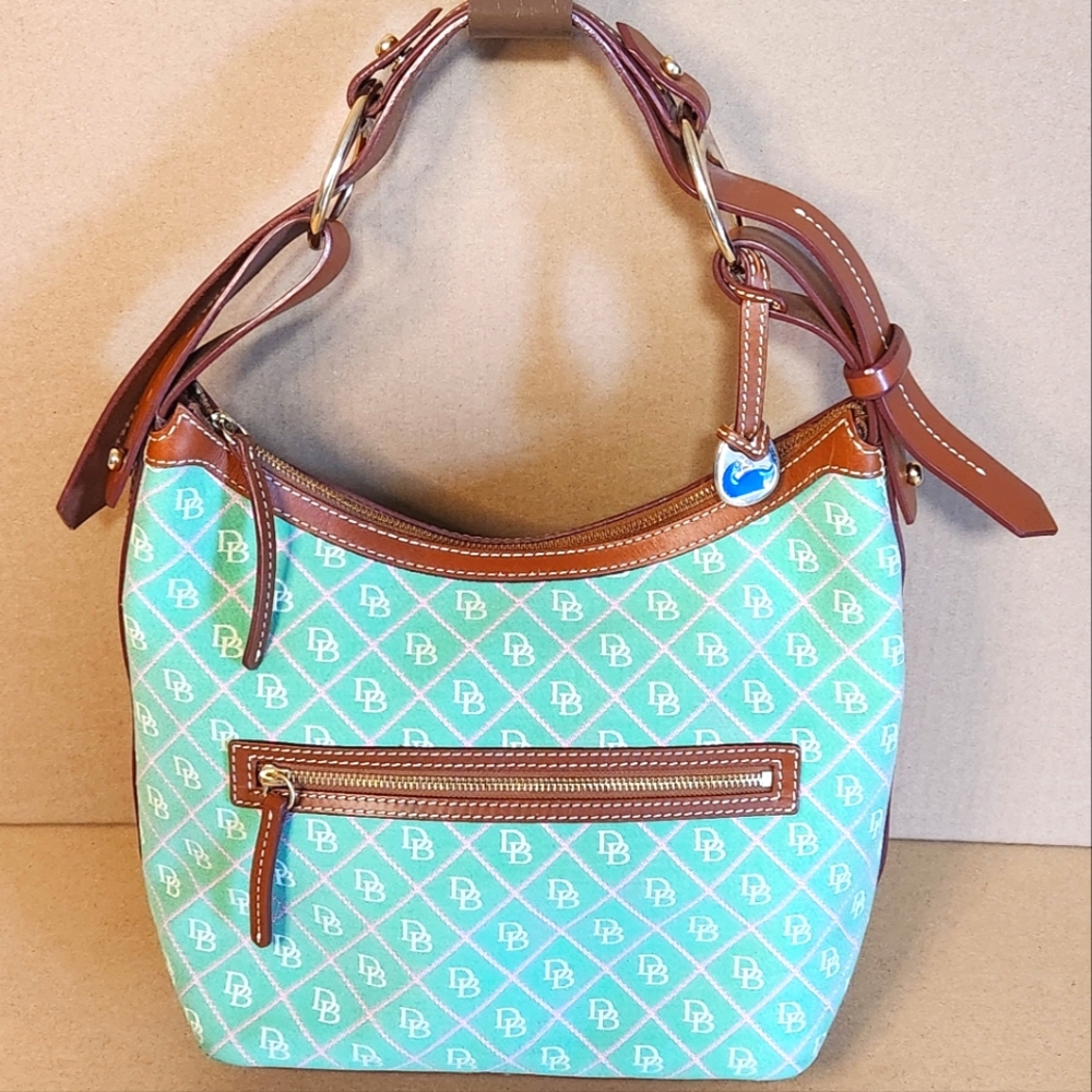 Dooney & Bourke Aqua/Tan Logo Hobo Bag